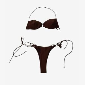 Women's Small Brown Gold Halter Cheeky Two Piece Tie Swim Suit